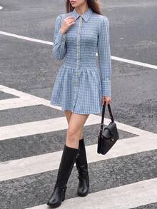 Women's Elegant Plaid Shirt Short Dress, Collared Long Sleeve Ruched Cinched Waist A-Line Skirt, Suitable For Daily Outings And Commuting - Baby Blue - View 8