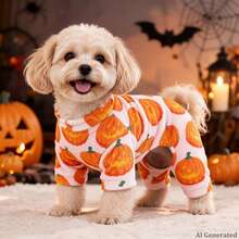 Opjoys 1pc Halloween Painted Pumpkin Print Dog Jumpsuit, Soft Healing Style Skin-Friendly Knitted Four-Legged Design Round Neck Ribbed Cuff Warm Belly Protection Anti-Shedding Pet Home Wear Spring Autumn Daily - Orange - View 1