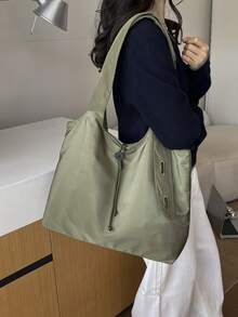 1pc Solid Color Button Decor Tote Bag Nylon Large Capacity Casual Versatile Shoulder Bag For Women Daily Commute - A - View 8