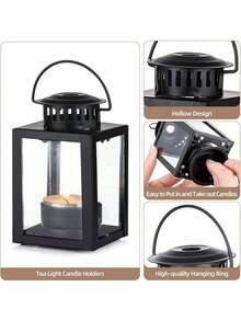 1pc/2pcs Mini Iron & Glass Lantern Candle Holder, Portable Hanging Tea Light Lamp, Windproof Glass Candle Holder Small Lantern, Vintage Desktop Decor For Christmas, Wedding, Party Atmosphere - Black - View 5