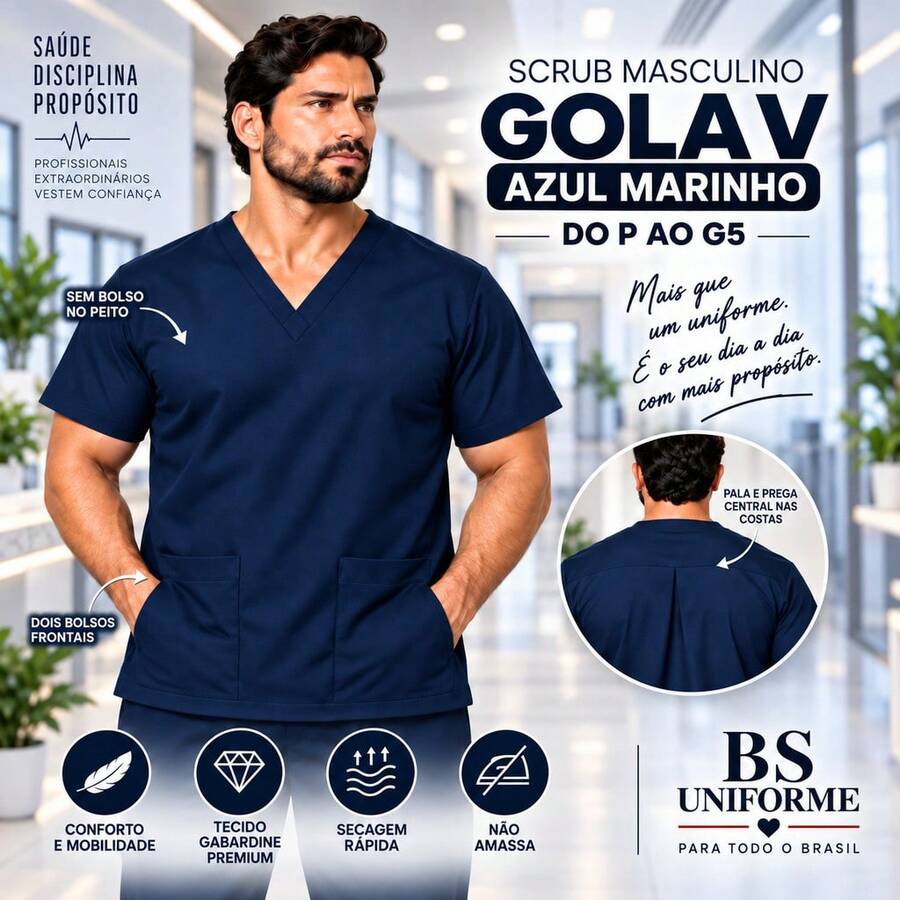 Blusa Scrub Masculina Gola V com Bolsos Uniforme Hospitalar Profissional P ao GG - Azul Marinho - Visão 1