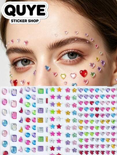 1 Set Rhinestone Gem Stickers, Aesthetic Stickers, Scrapbooking Supplies, Multi-Shape Acrylic Crystal Decals, Mixed Bright Colors, Vintage Glam Style, Includes Tweezers, Suitable For Face Makeup, Accessories And Surface Decoration