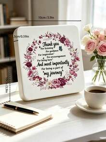 Square Rounded White Textured Thanksgiving Theme Desktop Decor, Burgundy Rose Wreath Surrounding English "Thank You" Heartwarming Gratitude Quote, Blue Butterfly Accented Decorative Pattern, Home Desktop Display Craft, Desk, Vanity, Bedside Table, Shelf, Windowsill Surface Placement Decoration, Thoughtful Gift For Teachers, Mentors, Colleagues, Elders, Heartwarming Commemorative Gift - A - View 8