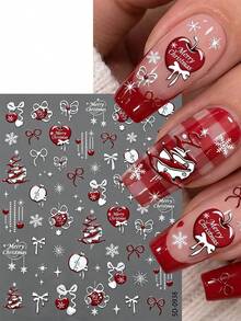 1Sheet 5D Red Apple Christmas Nail Stickers Self-Adhesive Bow Snowflake Merry Christmas Design Nail Decals Winter Holiday Xmas DIY Manicure Nail Decor - Multicolor - View 3