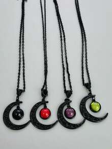 QTHOPE 4pcs Gothic Punk Style Black Lace Purple Crescent Moon Necklace Set - Moon - View 2