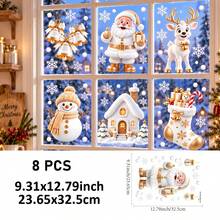 SUPSTICKER Set Stiker Jendela Natal, 8 Pola, Dekorasi Jendela Rumah Transparan Putih & Emas: Santa, Manusia Salju, Rusa Kutub, Pohon, dan Kepingan Salju - Natal - View 13