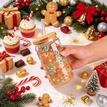 Christmas 1pc/5pcs 16oz Clear Glass Cup With Red Bow And Leaf Christmas Pattern, Bamboo Lid And Glass Straw, Crystal Clear Texture, Suitable For Daily Use And Holiday Parties - Multi-color - Christmas Ribbon - View 6