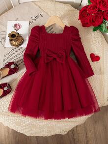 Baby Girls Fall Dress, Valentine's Day Solid Color Jacquard Square Neck Gigot Sleeve Top With Mesh Princess Skirt And Bow Decor - Burgundy - View 2