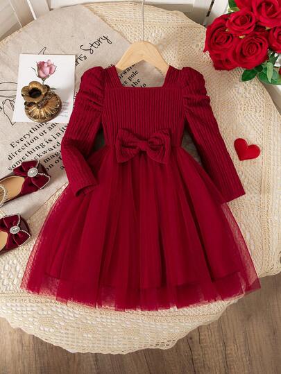 Baby Girls Fall Dress, Valentine's Day Solid Color Jacquard Square Neck Gigot Sleeve Top With Mesh Princess Skirt And Bow Decor