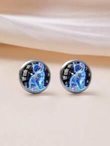 YUJUGLOW 1 Pasang Anting Tusuk Bulat Motif Jam Kucing Lucu dan Menawan dari Baja Tahan Karat 316, Cocok untuk Pemakaian Sehari-hari Wanita - Baby Blue - View 3