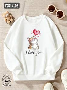 سترة "I love you" بتصميم قلب وقطة - أبيض - مشاهدة 3