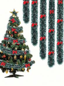 Christmas Wreath Decoration Set, Sequin Wreath And Transparent Mesh Ribbon With Red Bow, Christmas Tree Hanging Ornament, Holiday Home Party Decor - Multicolor - View 3
