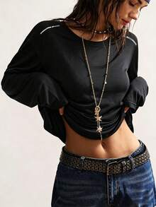 Casual Round Neck Long Sleeve Base Layer Top With Contrast Color Shoulder Tape Design, Sporty Style Black T-Shirt - Black - View 8