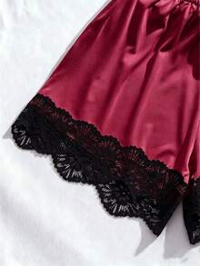 2pcs/Set New Colorblock Women's Sexy Lingerie Set, Lace Trim Ruffle Top + Lace Patchwork Panties, Comfortable Home Sleepwear Sexy Lingerie Set - Burgundy - View 6