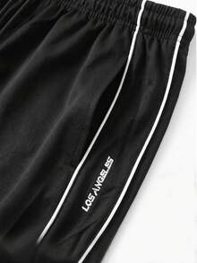 Women's American Street Style Embroidered Letter Casual Sports Pants With Side Stripes, Drawstring Waist And Straight Leg - Black - View 5