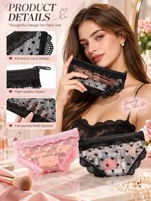 Heart-Shaped Mesh Lace Makeup Bag, Cute Portable Cosmetic Storage Pouch, Multi-Functional Travel Organizer Bag, Suitable For Cosmetics, Toiletries, Stationery, Earphones And Small Essentials, Lightweight Zippered Storage Bag, Perfect For Women And Girls - Multicolor - View 4