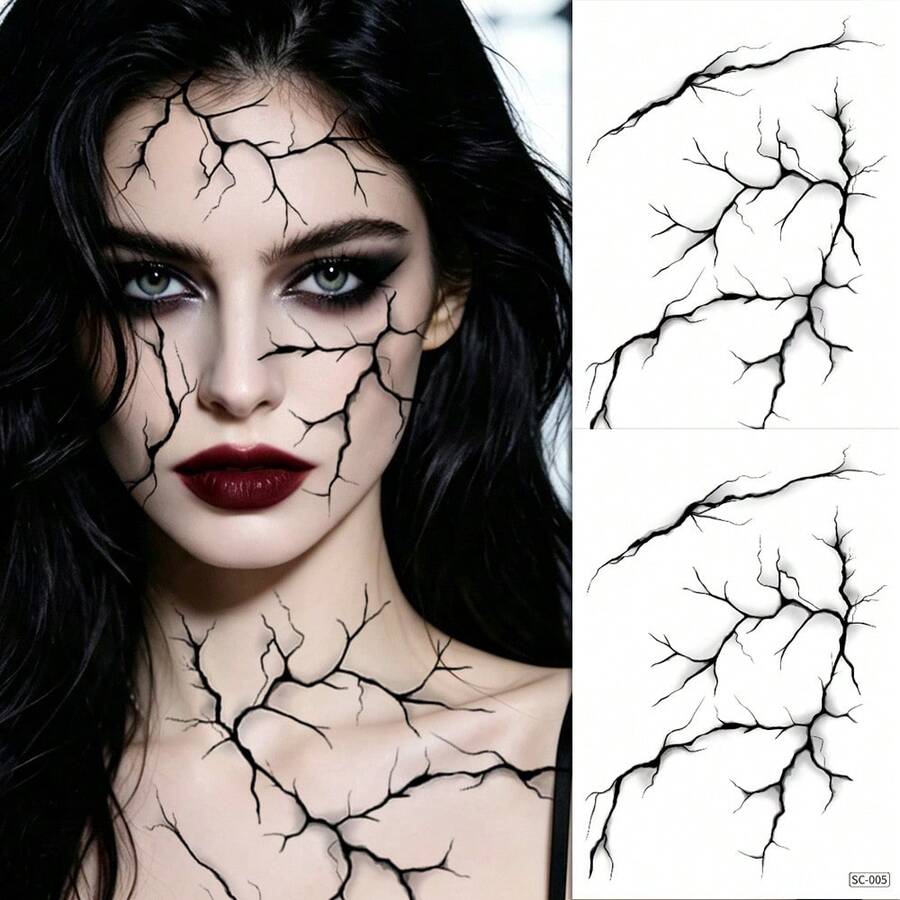 2 tờ hình xăm tạm thời vân máu chân thực Halloween cỡ lớn, miếng dán xăm giả kinh dị phong cách Gothic cho mặt và cơ thể, dùng trang điểm hóa trang zombie cosplay
