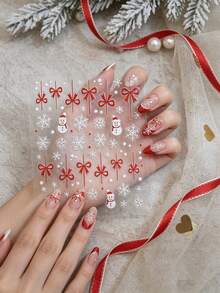 1 Sheet Christmas 3D Embossed Nail Stickers, Snowman Red Bow White Snowflake Self-Adhesive Nail Decals, Xmas DIY Manicure Decor - Multicolor - View 4