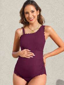 Maternity One-Piece Ruffled Shoulder Swimsuit, Made Of High-Stretch Knit Fabric, Elegant & Casual Maternity Swimwear - Burgundy - View 1