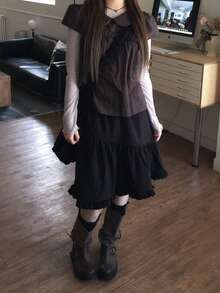 Japanese Style Elastic Waist Asymmetrical Ruffle A-Line Skirt - Black - View 1