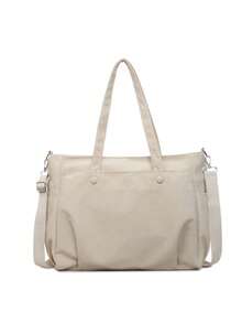 Women's Solid Color Canvas Tote Bag, Dual Handle Snap Closure Large Capacity Shoulder Crossbody Bag, Casual Commute Daily Bag - Beige - View 2