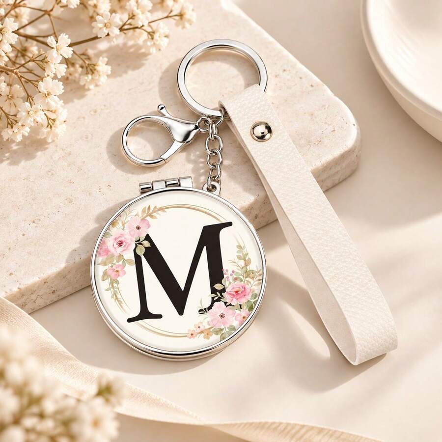 1pc 26 Letters Optional Floral Design Double-Sided Portable Makeup Mirror, 1X High Definition Mirror 180° Foldable PU Leather Pendant, Girls Bag Keychain Mirror/Bag Charm - Multicolor - View 1
