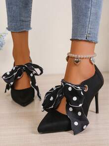 Fashion Women's High Heels, Polka Dot Ribbon Lace-Up, Pointed Toe Stiletto Heels, Suitable For Party, Date, Office - Black - View 1