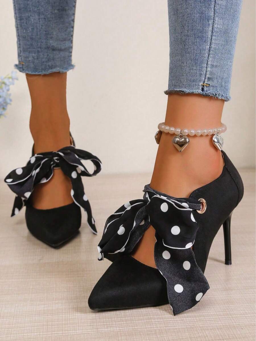Fashion Women's High Heels, Polka Dot Ribbon Lace-Up, Pointed Toe Stiletto Heels, Suitable For Party, Date, Office - Black - View 1