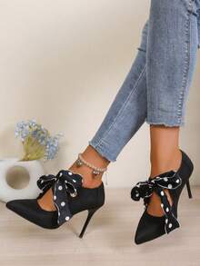 Fashion Women's High Heels, Polka Dot Ribbon Lace-Up, Pointed Toe Stiletto Heels, Suitable For Party, Date, Office - Black - View 2