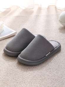 Men's Closed Toe Slippers For Autumn/Winter, Thick Lining For Warmth And Heat Retention, Simple Striped Fabric Soft And Skin-Friendly, Flat Closed-Toe Design To Protect Toes, Lightweight For Home And Bedroom Use, Minimalist Solid Color, Comfortable Warm Slippers For Home And Guests - Grey - View 2