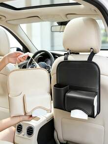 1pc PU Leather Car Seat Back Organizer, Multi‑Pocket Hanging Storage Bag, Built‑In Tissue Box Holder, Practical Auto Interior Accessory For Storing Paper Towels, Water Cups And Small Sundries, Universal Fit For Most Vehicle Models - Multicolor - View 2