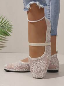 Women's Fashion Sequin Lace Mesh Mary Jane Flat Shoes, Square Toe Single Strap Slip-On Daily Commute Shoes - White - View 5