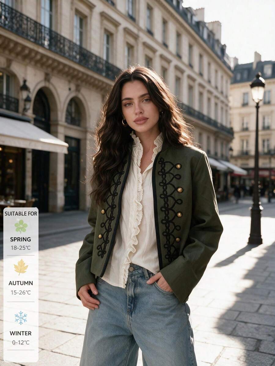 SUNSTORY Women's Autumn Army Green Stand Collar Black Braided Rope Embroidery Gold Button Short Jacket, Suitable For Commuting, Outing, Halloween, Dating