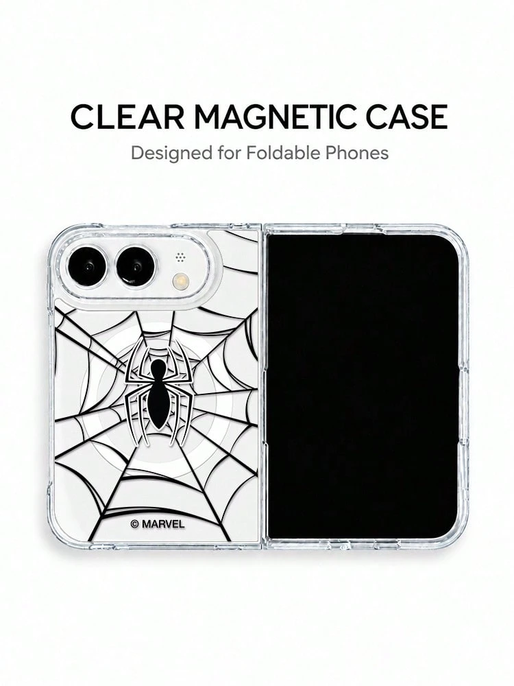 Miniso Spider-Man Phone Case For IPhone 18 Duo, Unisex Couple Style, Creative Cartoon Graffiti Painted Design, Minimalist Transparent MagSafe Magnetic Foldable Phone Case - Clear - View 1