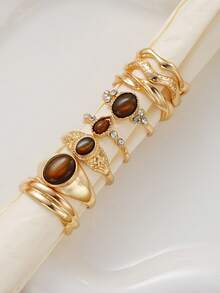 8pcs Vintage Elegant Old Money Style Tiger Eye Stone Teardrop Rhinestone Stacked Ring Set For Women, Suitable For Daily Wear, Party, Date, Evening Banquet, Perfect Gift Choice - Brown - View 3