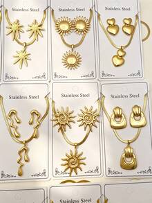 Gold Stainless Steel Jewelry - Random Style Delivery, Heart/Sun/Leaf Designs, Tarnish-Resistant, Perfect For Daily Wear & Gifting - Multicolor - View 4