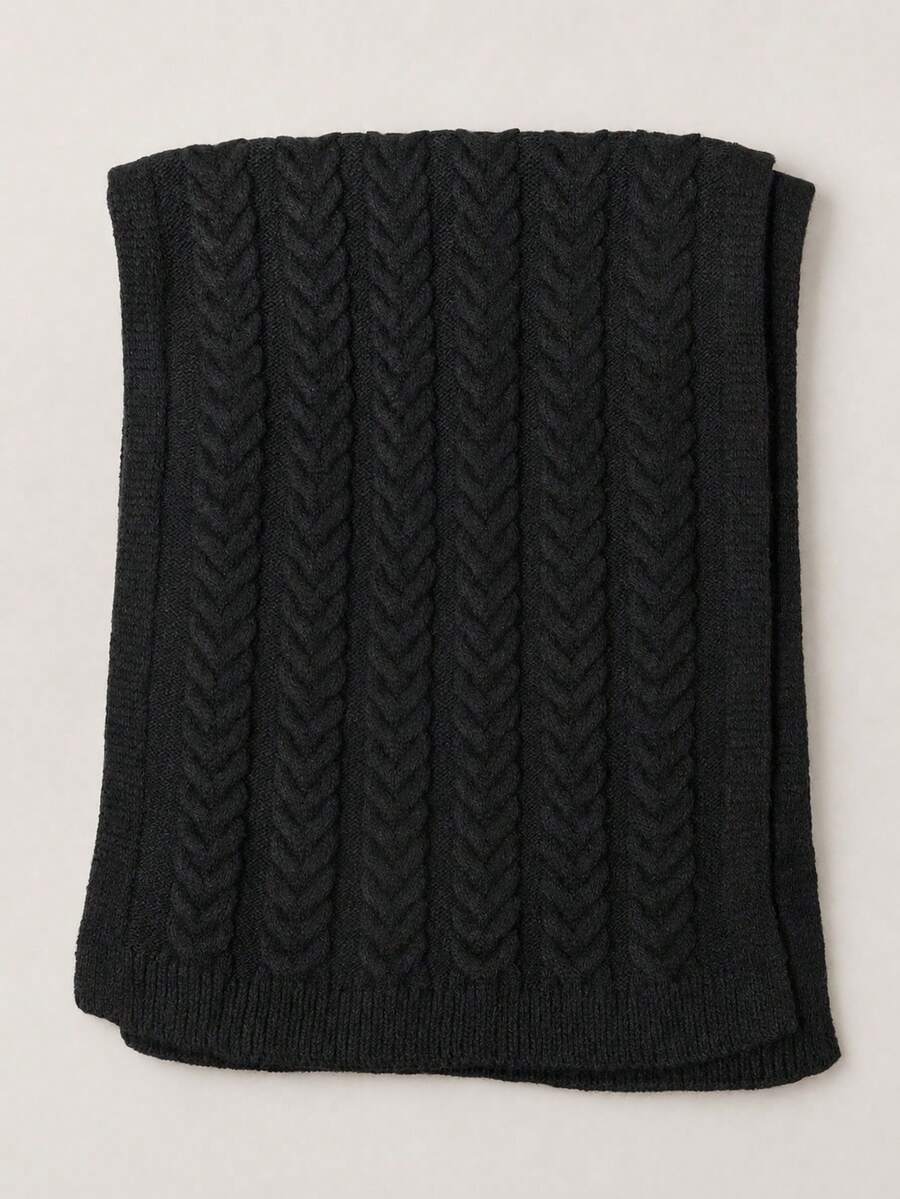 1PC Fashion Casual Versatile Men's Black Cable Knit Scarf, Simple Style, Comfortable And Warm, Suitable For Outings, Shopping, School And Daily Wear - Black - View 1