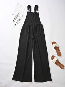 Women's Vintage Black Denim Sleeveless Long Jumpsuit With Buttons, Zipper Pockets, Fashionable Non-Stretch Fabric - Black - View 7