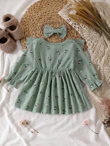Baby Girl Mori Style Spring/Autumn 2pcs Set, Button Front Opening Olive Green Floral Corduroy Ruffle Long Sleeve Princess Dress + Matching Headband - Green - View 3