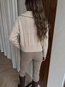 Autumn/Winter New Vintage Oversized Collar Double-Ended Zipper Twisted Knit Sweater, Loose Drop Shoulder Casual Pullover, Airport Commute Pullover - Khaki - View 4