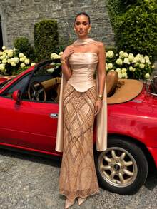 UNITHORSE[Random Cut]Bandeau Waist-Cinching Satin Patchwork Sequin Dress - Champagne - View 1