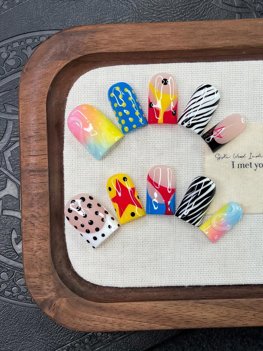 10pcs/Set Y2K Nails Handmade, Cute Nails, Pink Nails, Blue Nails, Black Stripe Nails & Stars Nails, Gradient Nails, Perfect For Parties & Daily Wear. Square Nails. Handmade Press On Nails Square, Fake Nails, Acrylic Nails, Handmade Nails, Fall Nails - Multicolor - View 1