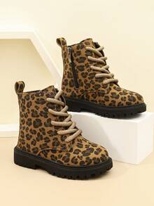 Children's Black Workwear Boots, Side Zipper + Lace-Up Design, Non-Slip Thick Sole Kids' Ankle Boots, - Khaki - View 2