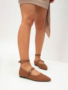 Women Brown Suede Pointed‑Toe Mary Jane Flats, Double Buckle Strap Ankle Strap Casual Office Dress Shoes - Brown - View 6
