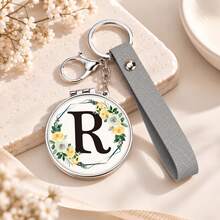 1pc 26 Letters Optional Floral Design Double-Sided Portable Makeup Mirror, 1X High Definition Mirror 180° Foldable PU Leather Pendant, Girls Bag Keychain Mirror/Bag Charm - Multicolor - View 25