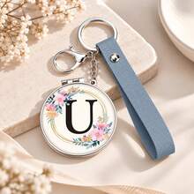 1pc 26 Letters Optional Floral Design Double-Sided Portable Makeup Mirror, 1X High Definition Mirror 180° Foldable PU Leather Pendant, Girls Bag Keychain Mirror/Bag Charm - Multicolor - View 34