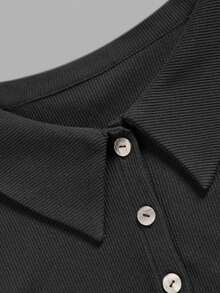 Women Fall Clothing Black Collared Button Front Long Sleeve Top, Slim Fit Ribbed Knit Shirt For Daily Office - Black - View 5