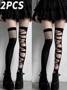 1/2 Pasang Celana Ketat Selutut Gaya Gothic Sobek untuk Wanita - Hitam - View 9