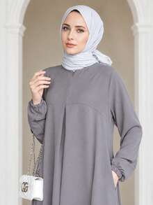 Women's Elegant Loose Gray Long Sleeve Dress With Pockets, Soft And Comfortable Fabric, Sophisticated And Versatile For Daily Wear, Home And Vacation - Grey - View 4
