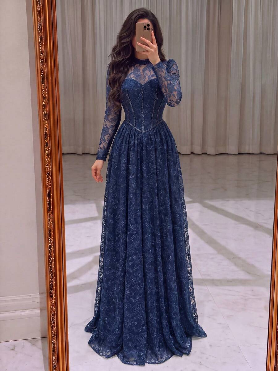 Romantic Women's Deep Blue Flare Lace Maxi Dress, Stand Collar Long Sleeve Design, Suitable For Elegant Evening Occasions - Royal Blue - View 1